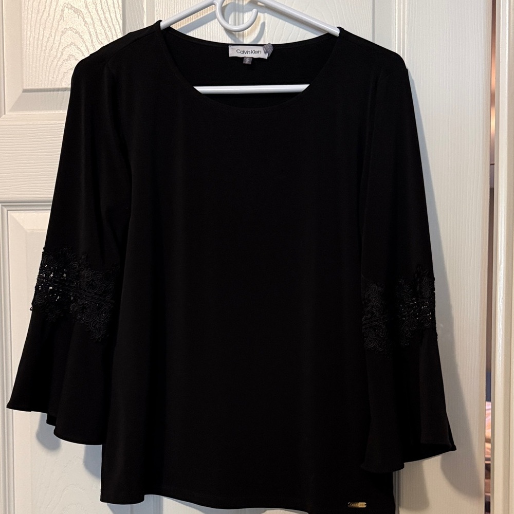 Calvin Klein Women's Black Blouse with Embellished Sleeves